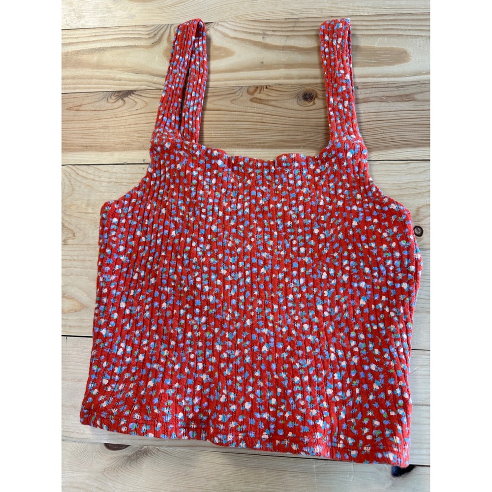 American Eagle Red Ditsy Floral Ribbed Knit Crop Tank Top Womens Small